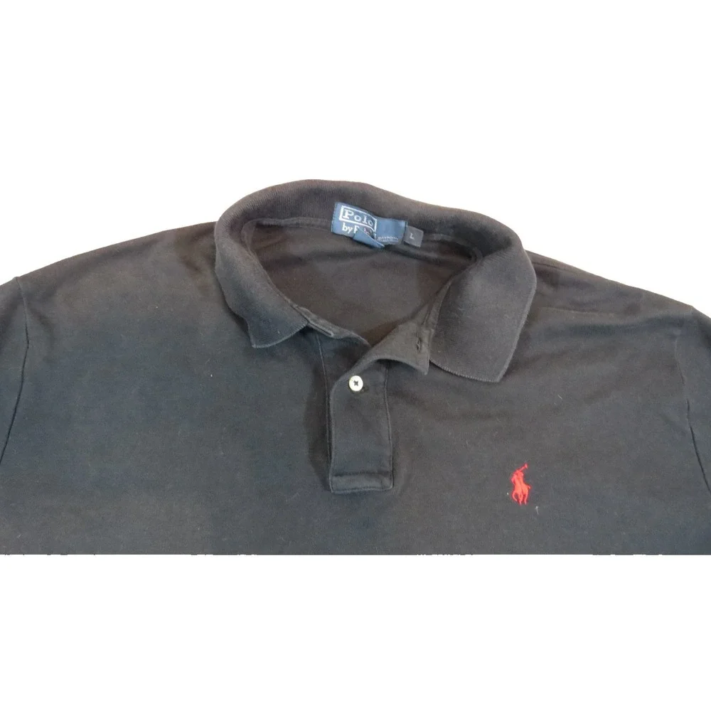 Polo Ralph Lauren Shirt Men Large L Black Long Sleeve Pique Cotton Red Pony Logo